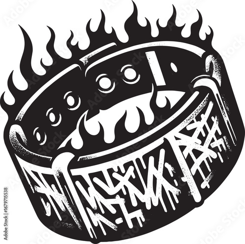 Black and white illustration of a fiery hockey puck with stylized graffiti and flames design