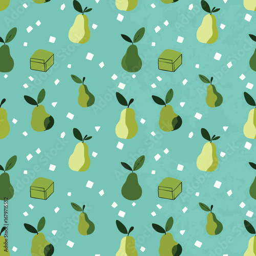 Pears and Cubes: A Playful Teal Pattern.