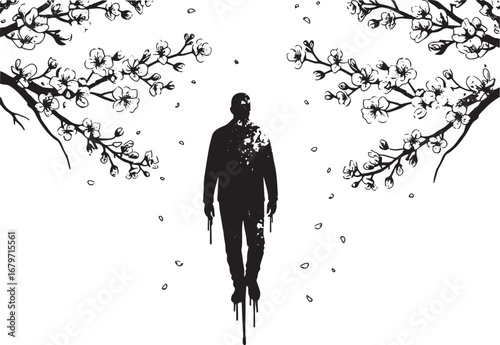 Silhouette of a man amidst flowering branches conveys artistic s