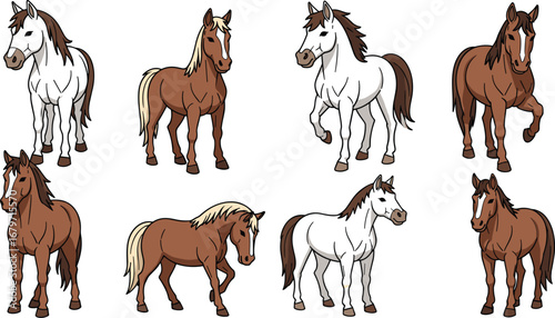 Collection of cartoon horses. Equine art, farm animal, vector drawing, ranch, wildlife, equestrian, illustration