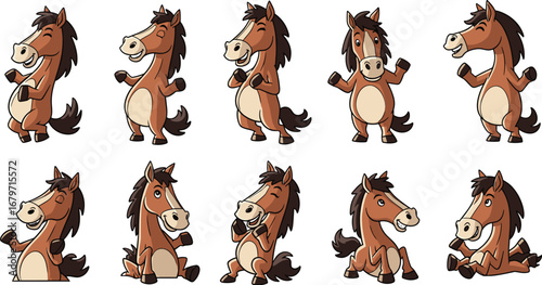 Cartoon horse characters posing. Happy animal, fun, cheerful, playful, animation, cute, humor, comic, mascot, isolated, equine, farm, cheerful, expression