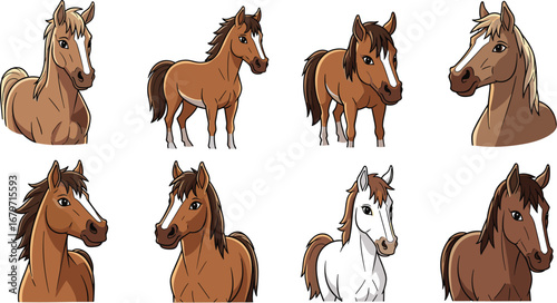Cute horse cartoon collection with eight different brown horse poses. Equine animal, playful art, character design, farm animal