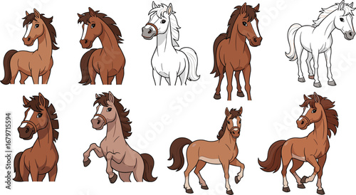 Cartoon horses in various poses. Equine illustration, animal art, farm animal, livestock, equestrian, cute, drawing, graphic.