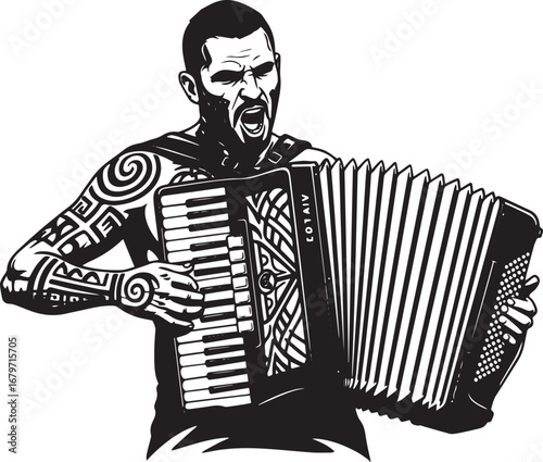 Expressive tattooed man passionately playing the accordion in mo