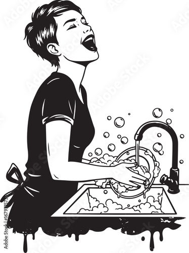 Woman singing during the chore of washing dishes a moment of kit