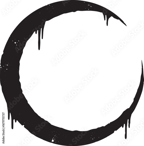 Abstract dripping crescent moon design element in black ink isol