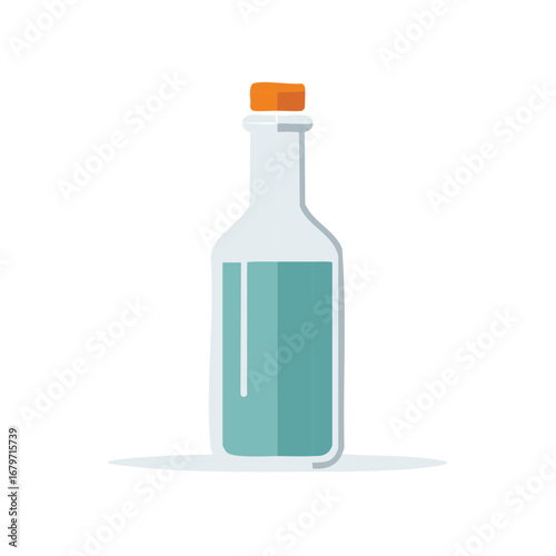 Glass bottle with blue potion or elixir sealed with an orange cork stopper flat vector illustration