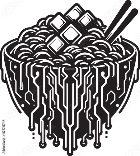 Artistic Black and White Illustration of Ramen Bowl with Electronic Circuit Design Elements