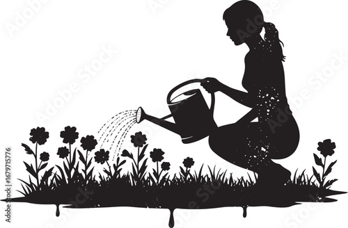 Silhouette of a woman watering flowers in a garden a black and w