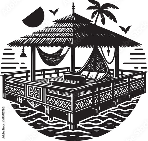 Black and white illustration of a tropical gazebo with a hammock and scenic ocean view