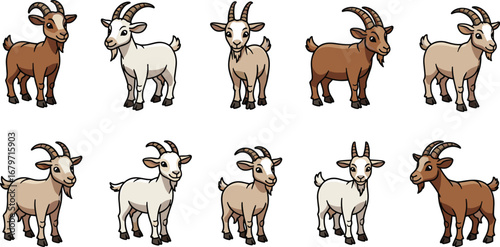 Collection of cute cartoon goats stands. Farm animals, livestock, cartoon, illustration, mammal, domestic, nature, wildlife