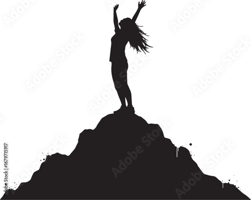 Silhouette of a celebrating woman on top of a mountain against w