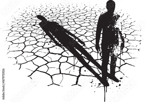 Surreal monochrome scene of a man standing on cracked earth with