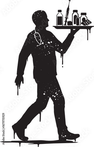 Abstract doctor carrying a tray with medical supplies using star