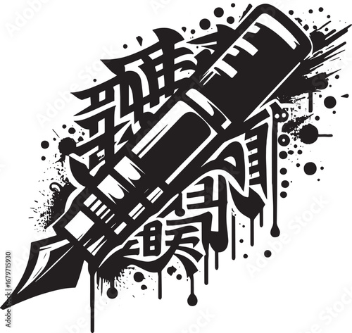 Artistic Pen Graffiti Illustration with Japanese Characters and Ink Splatter Effects