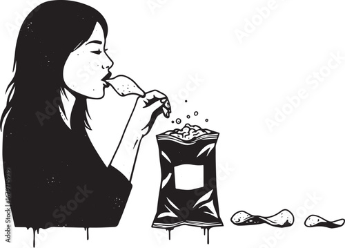 Monochrome depiction of woman indulging in snack from bag illust