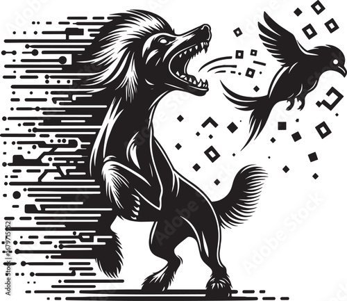 Illustration of a stylized dog chasing a bird with speed lines and digital elements