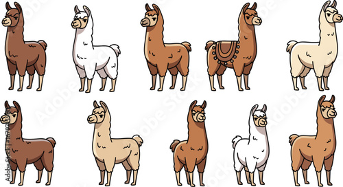 Llamas stand in a cartoon style, in various colors and patterns. South America, cute animal, mammal, funny, Peru, Bolivia, illustration