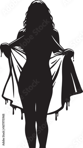 Dramatic silhouette of a woman holding a draped fabric with drip