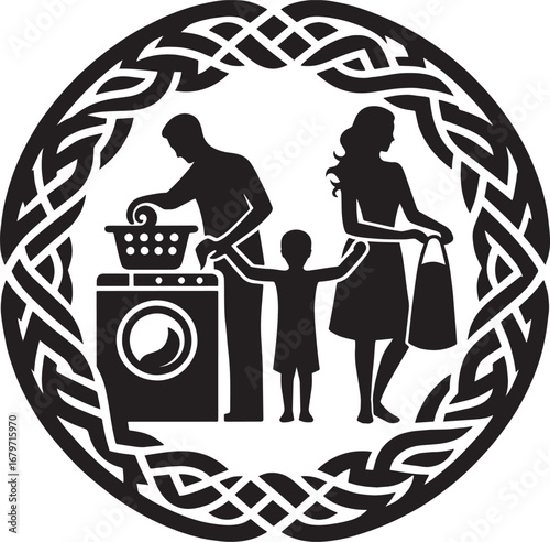 Illustration of a family doing laundry, with decorative frame, stylized black and white design
