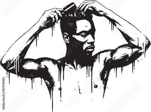 Expressive artwork of a man styling his hair, captured in bold m