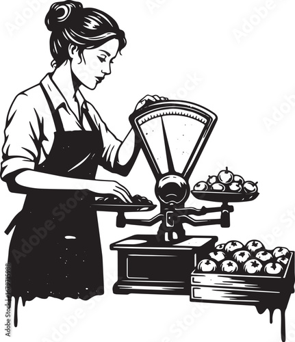 Woman weighing fruits on vintage scale, monochrome illustration