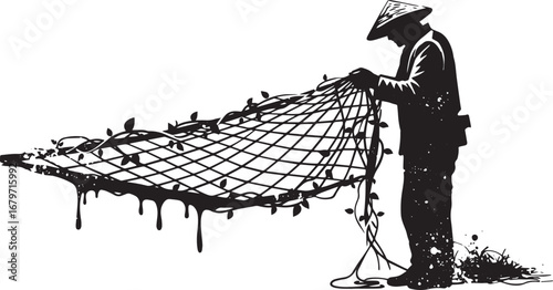 Silhouette of a man crafting a fishing net entwined with vine il