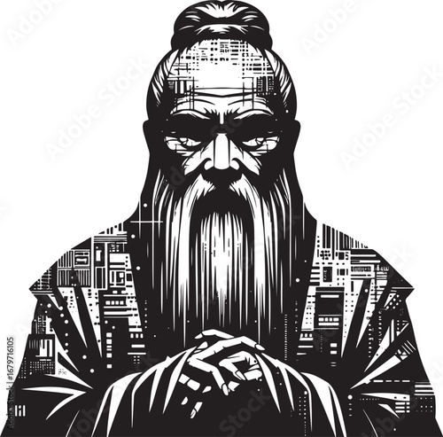 Intricate Black and White Illustration of Confucius Depicting Wisdom and Philosophy