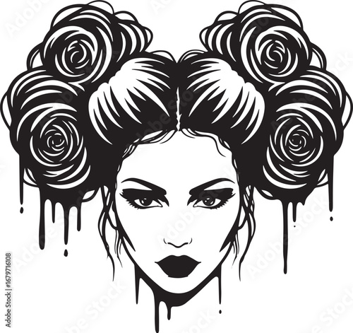 Abstract art illustration of a woman with rose-shaped hair and d