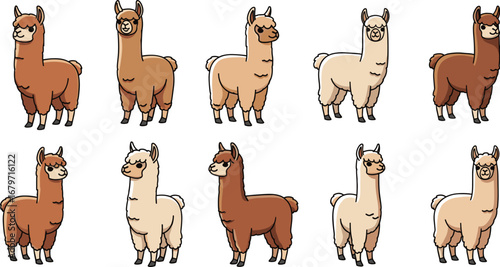 Ten cartoon alpacas stand against a white background. Illustration, cute, llama, animal, farm, fluffy