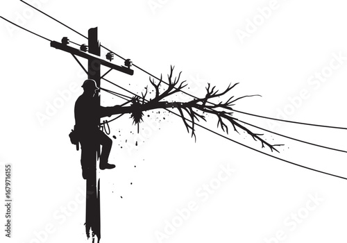 Silhouette of a utility worker pruning a tree near power lines i