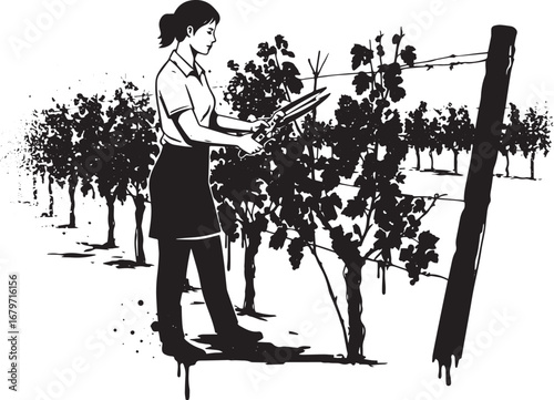 Monochromatic rendering of a woman carefully pruning rows of gra