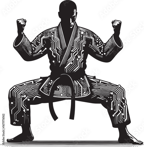 Digital Karateka: A Silhouette of a Martial Artist in a Circuit Board Gi and stance
