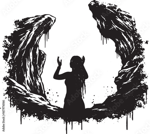 Monochromatic depiction of a woman raising her arms amidst rocky