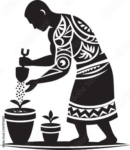 Silhouette of a Person Gardening, Planting Seeds, and Nurturing Plants in Pots, Black and White
