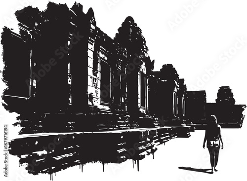 Monochrome depiction of a female figure walking towards an ancie