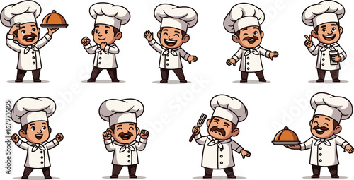 Chef cartoon characters show various poses. Cooking, chef, food preparation, hospitality, professional, culinary arts, restaurant, chef hat.