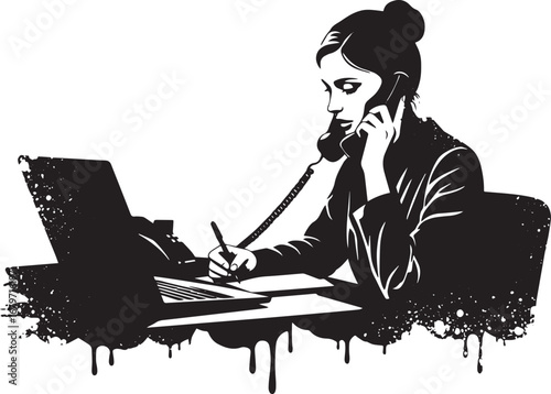 Monochrome office scene depicting a focused woman during a phone
