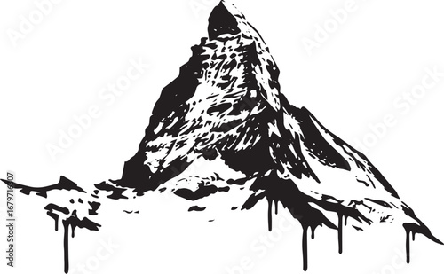 Monochrome depiction of a majestic mountain peak with snow, dram