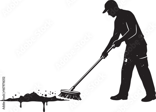Artistic silhouette of a man sweeping up a spill with distressed