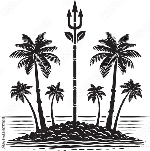 Black and White Tropical Island Logo Featuring Palm Trees and a Central Trident Symbol