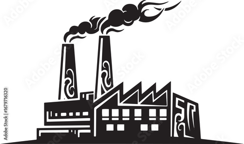 Stylized monochrome silhouette of an industrial factory with smo