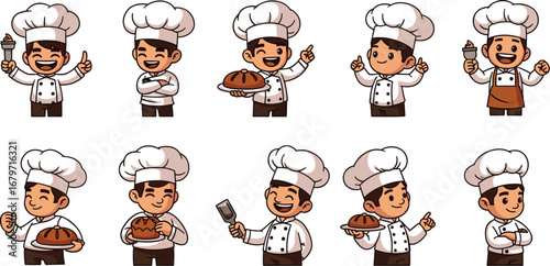 Ten cheerful cartoon chefs in various poses. Cooking, baking, food industry, restaurant, profession, culinary, character design, cartoon, mascot.