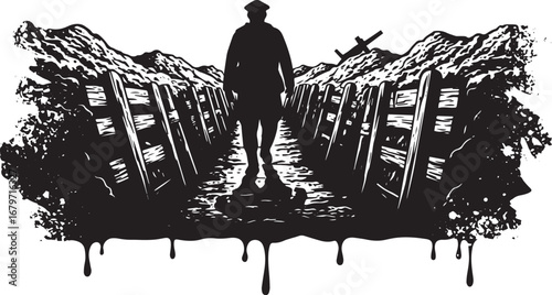 Monochromatic trench illustration evoking themes of war and reme