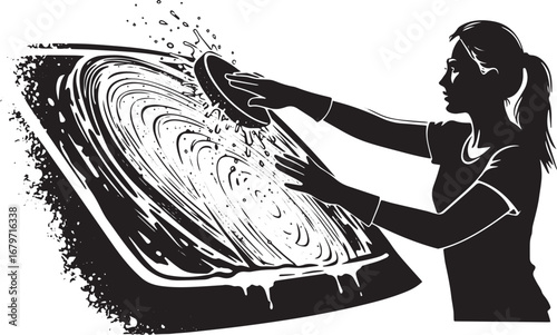 Monochrome illustration of woman scrubbing surface with soapy sp