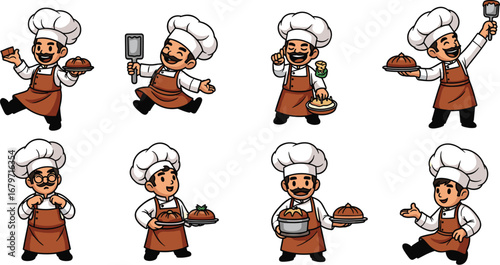 Chefs present dishes. Cartoon cooks with hats and aprons present food. Restaurant, culinary arts, cooking, bakery, cuisine, restaurant, food service, chefs