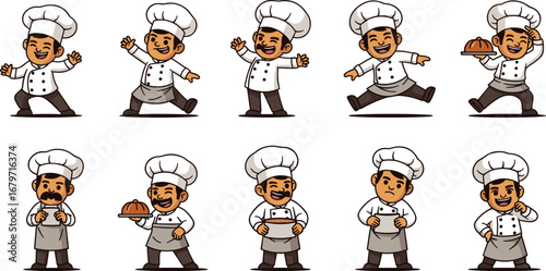 Chef characters show various poses. Cartoon cooks, culinary, cuisine, food service, cheerful, professional