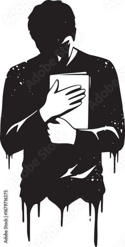 Conceptual monochrome image of a person holding a book with drip