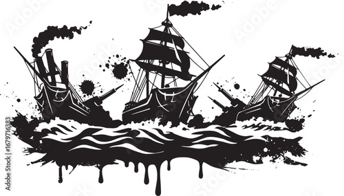 Vintage maritime battle ships, a graphic vector illustration of