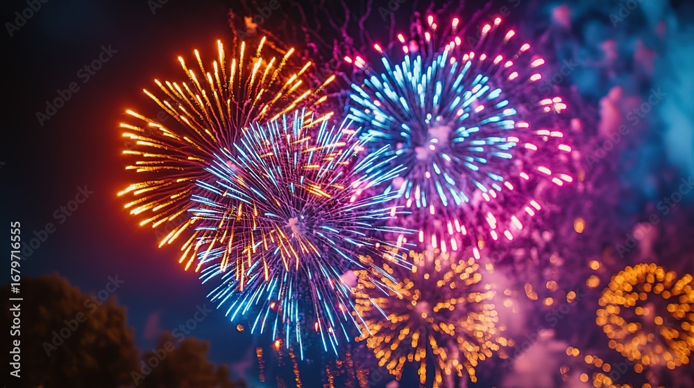 Fototapeta premium Vibrant Fireworks Display in Night Sky for Celebrations 